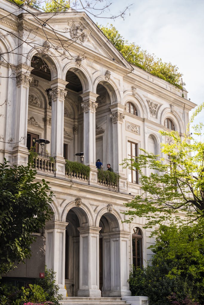 Elegant neo-classical building with arches and columns in Istanbul, Turkey.