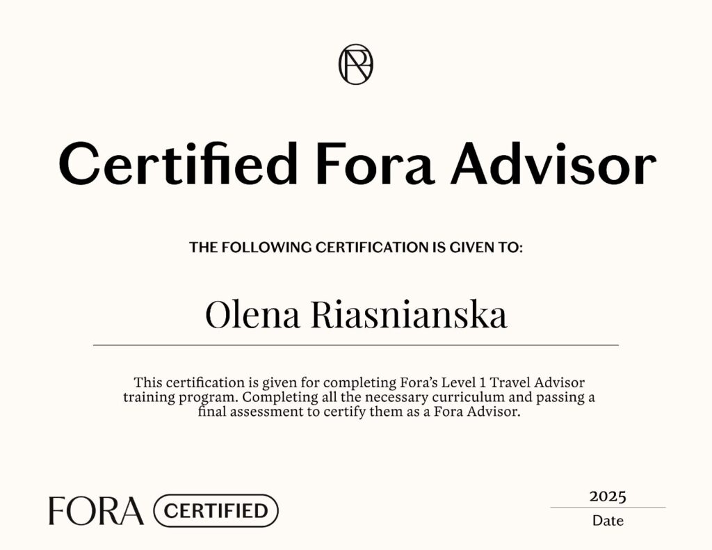 Olena Riasnianska FORA Travel Advisor Certificate