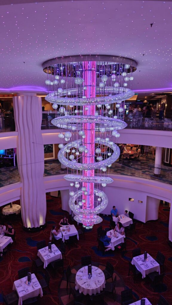 Grand atrium and crystal chandelier aboard Norwegian Epic cruise ship