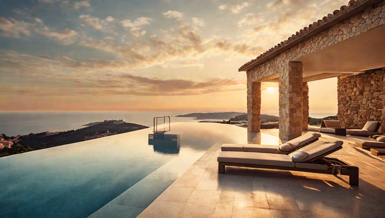 Luxury Mediterranean resort with an infinity pool overlooking the sea at sunset