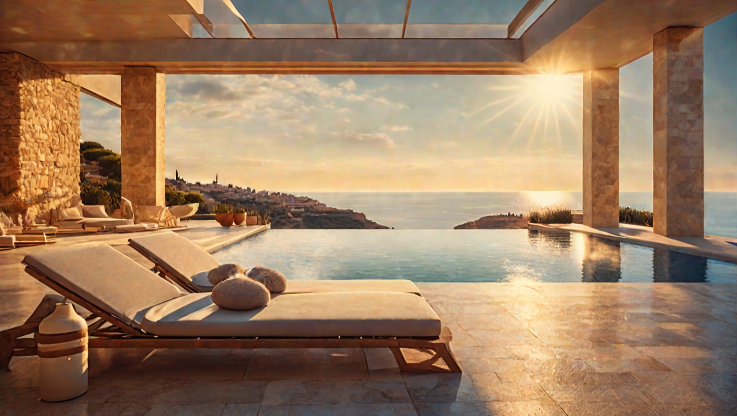 Elegant Mediterranean villa terrace overlooking the sea at golden hour
